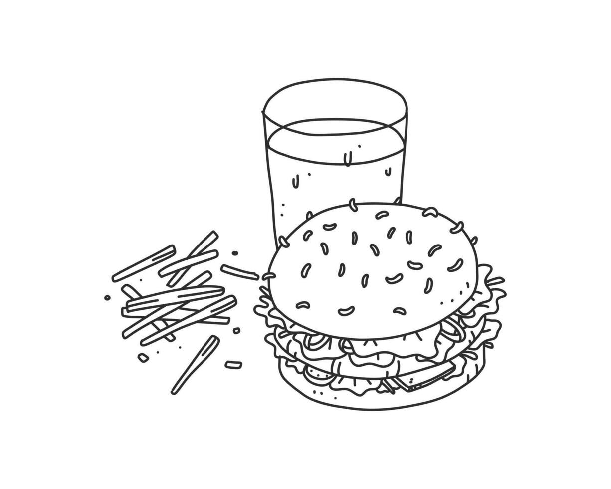 una ilustración dibujada a mano de un juego de desayuno. una hamburguesa, papas fritas y cola. un alimento ilustrado en un esquema. dibujo incoloro del plato occidental para el diseño de elementos decorativos. vector