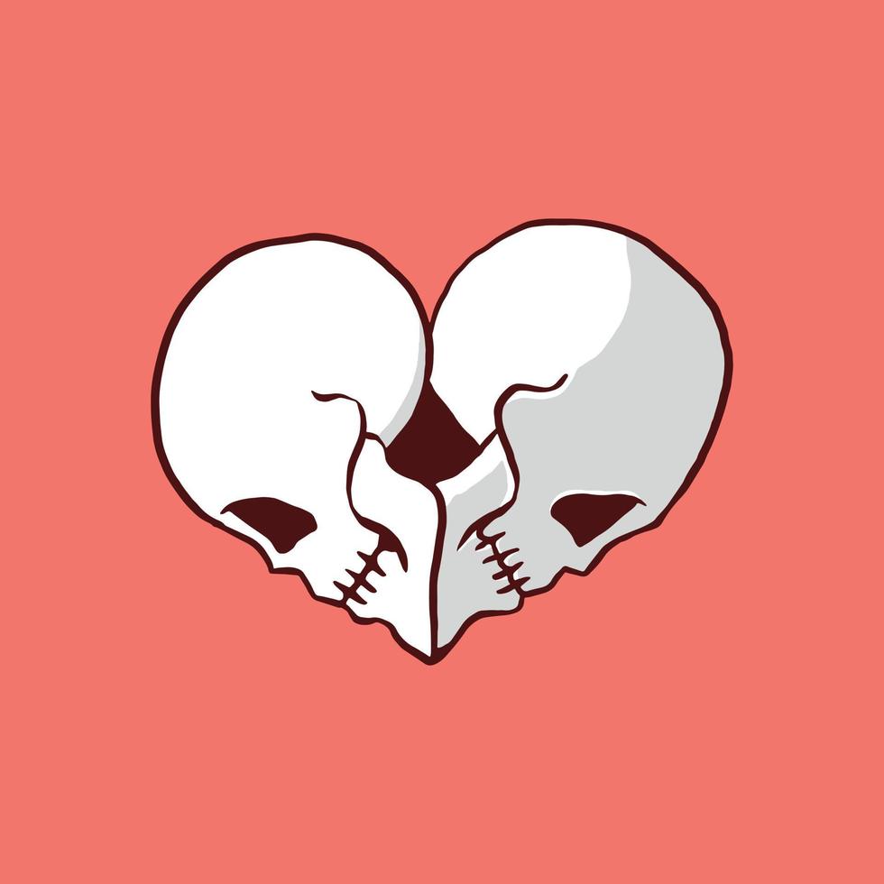 pareja de cráneo de cabeza ilustrada en corazón o amor. Ilustración de vector de doodle gótico romántico para elemento gráfico, tatuaje, pegatina, etc.