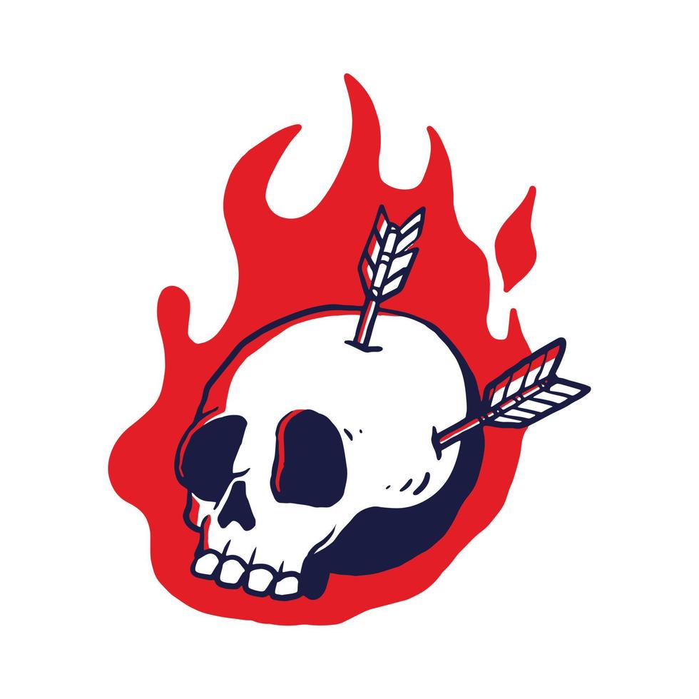a white head skull with pierced arrows on the blaze. a scary, dangerous, and warn vector illustration in hand-drawn style.