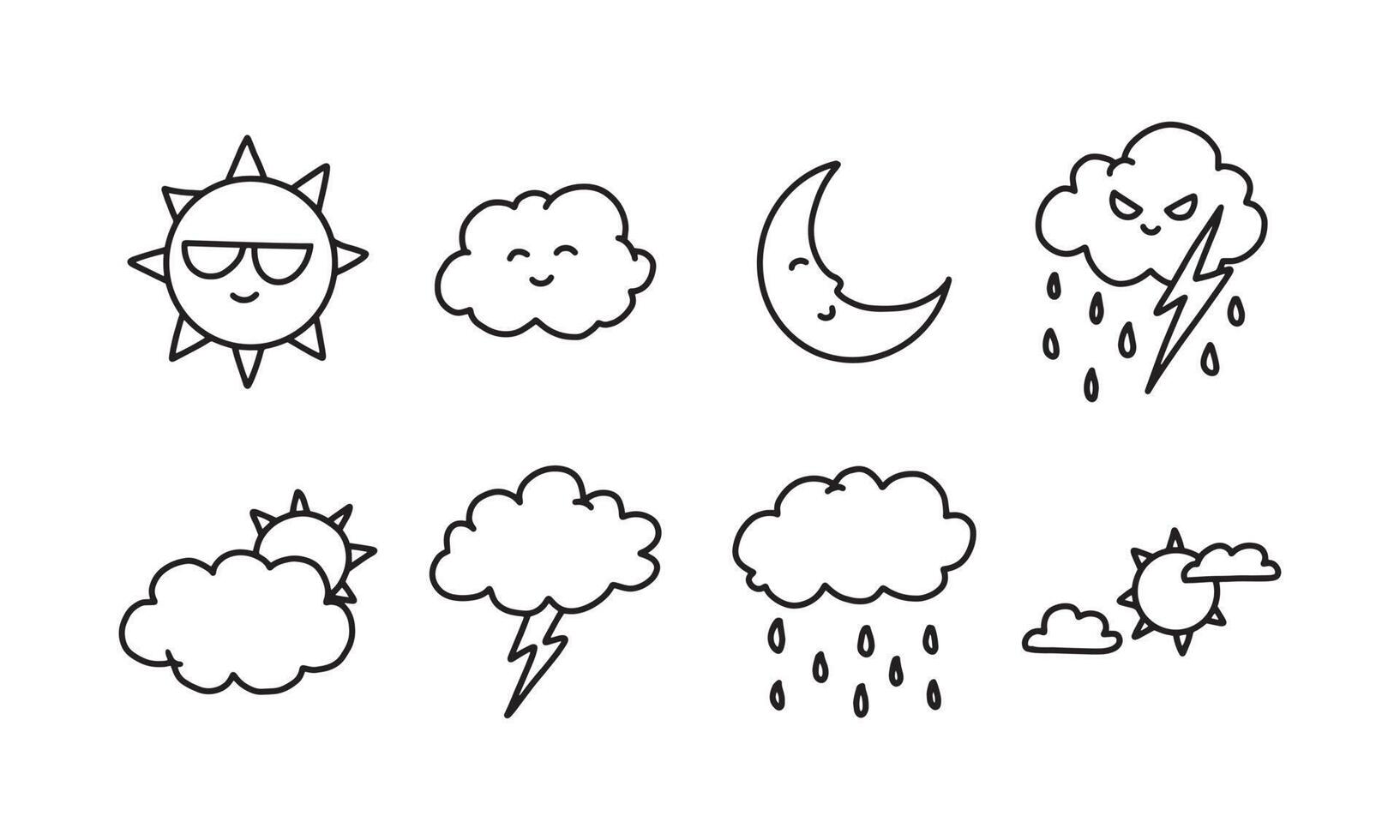 set of weather in flat line illustration. simple icon for sunny, cloudy