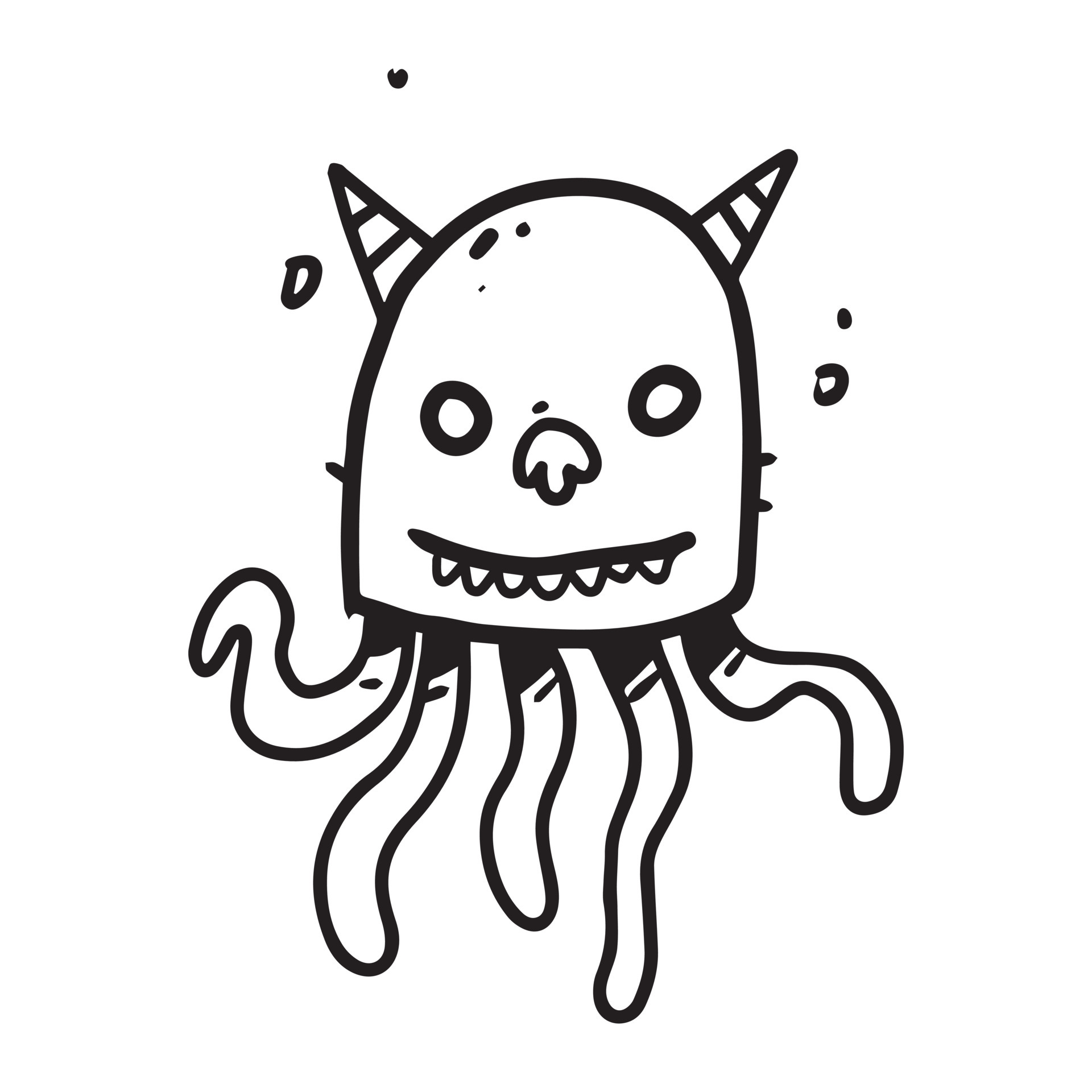a hand drawn illustration of a smiling monster with horns. cute doodle cartoon  drawing of a fantasy character in uncolored style. a funny element design.  4682522 Vector Art at Vecteezy