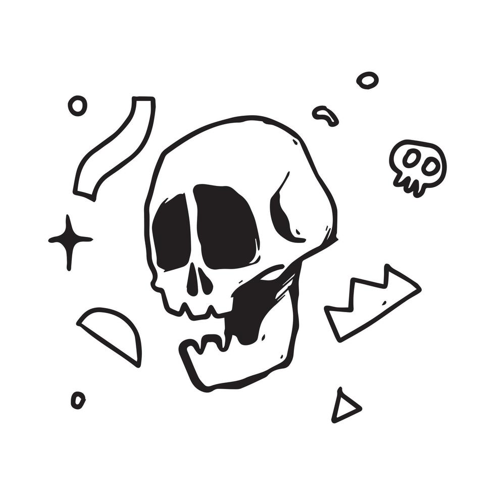 a skull head and some elements doodle illustration. simple hand drawn drawing that is suitable for a Halloween cartoon theme design. vector