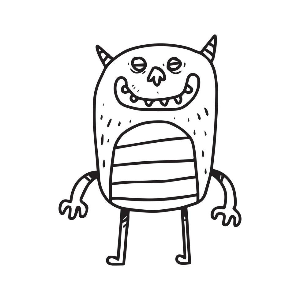 a hand drawn illustration of a smiling tall monster. cute doodle cartoon drawing of a fantasy character in uncolored style. a funny element design. vector