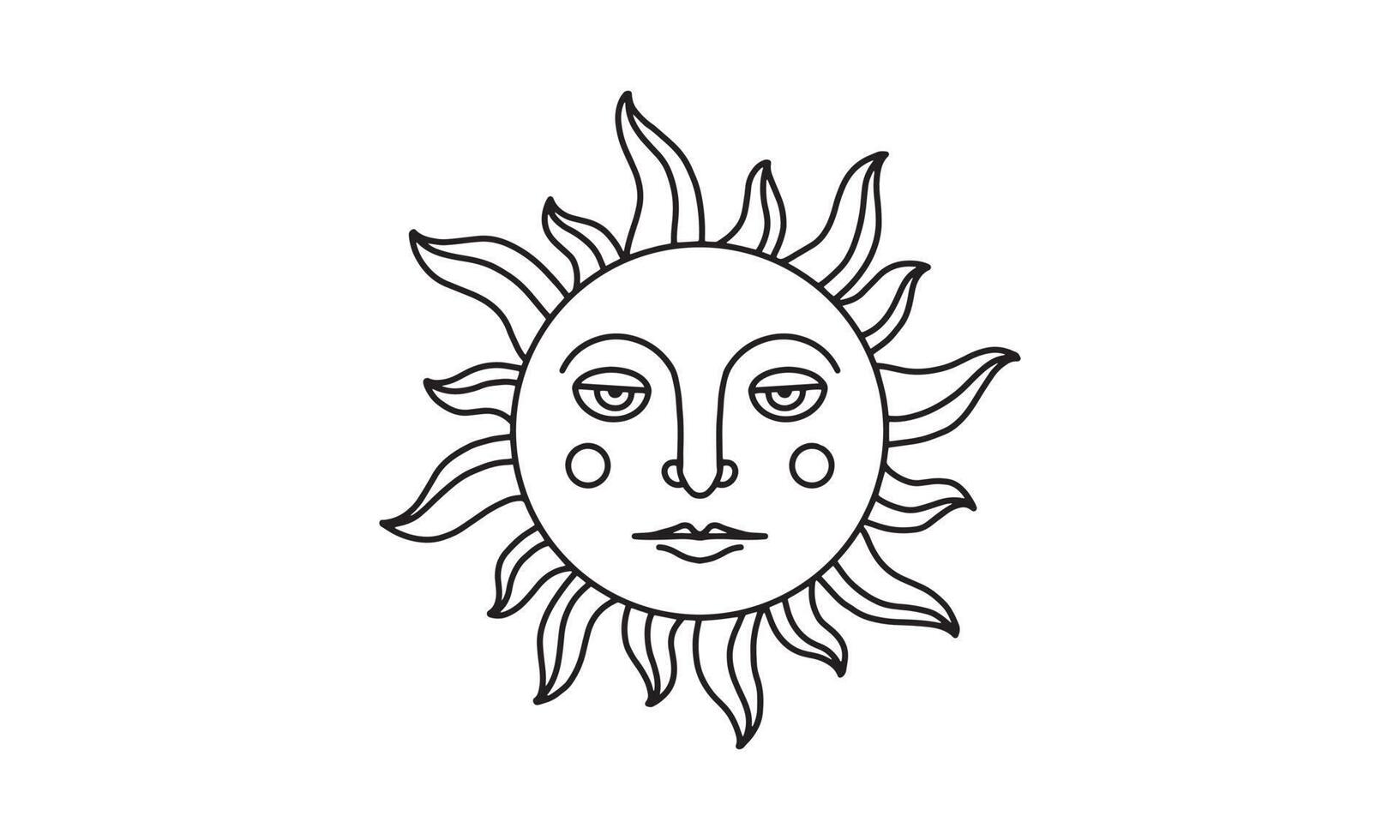 Bohemian sun illustration in vector graphic. Mystical element in boho style with face. Creative element for design, tattoo, sticker, etc. An object illustration on white background.