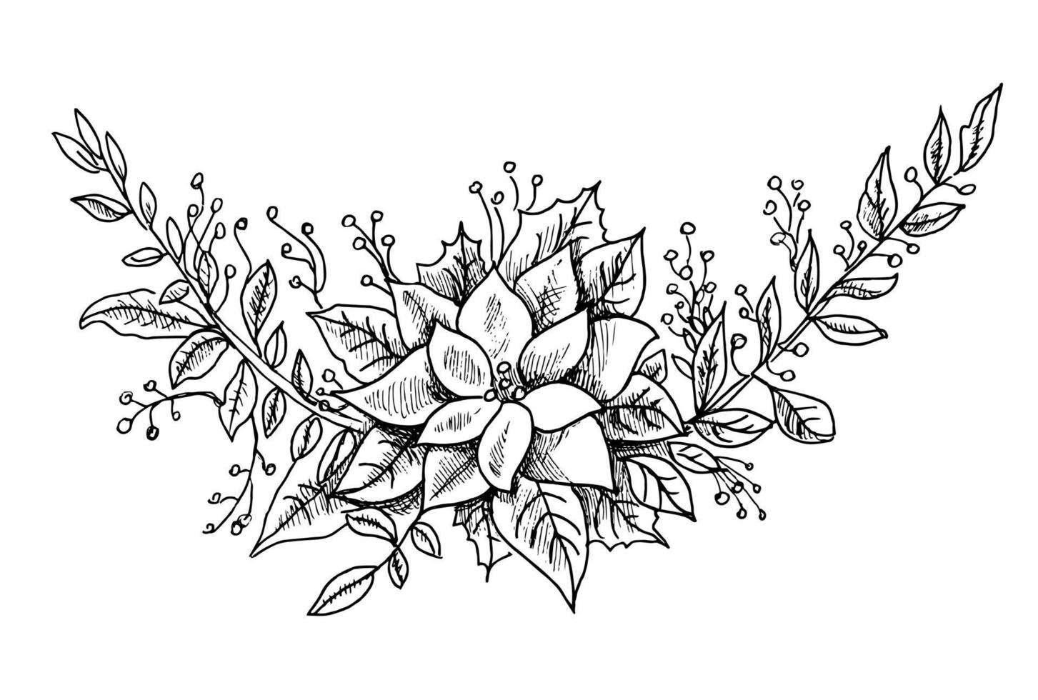 A hand-drawn sketch of an elegant branch with berries and poinsettia. New Year and Christmas illustration. New Year's decor, vector illustration.