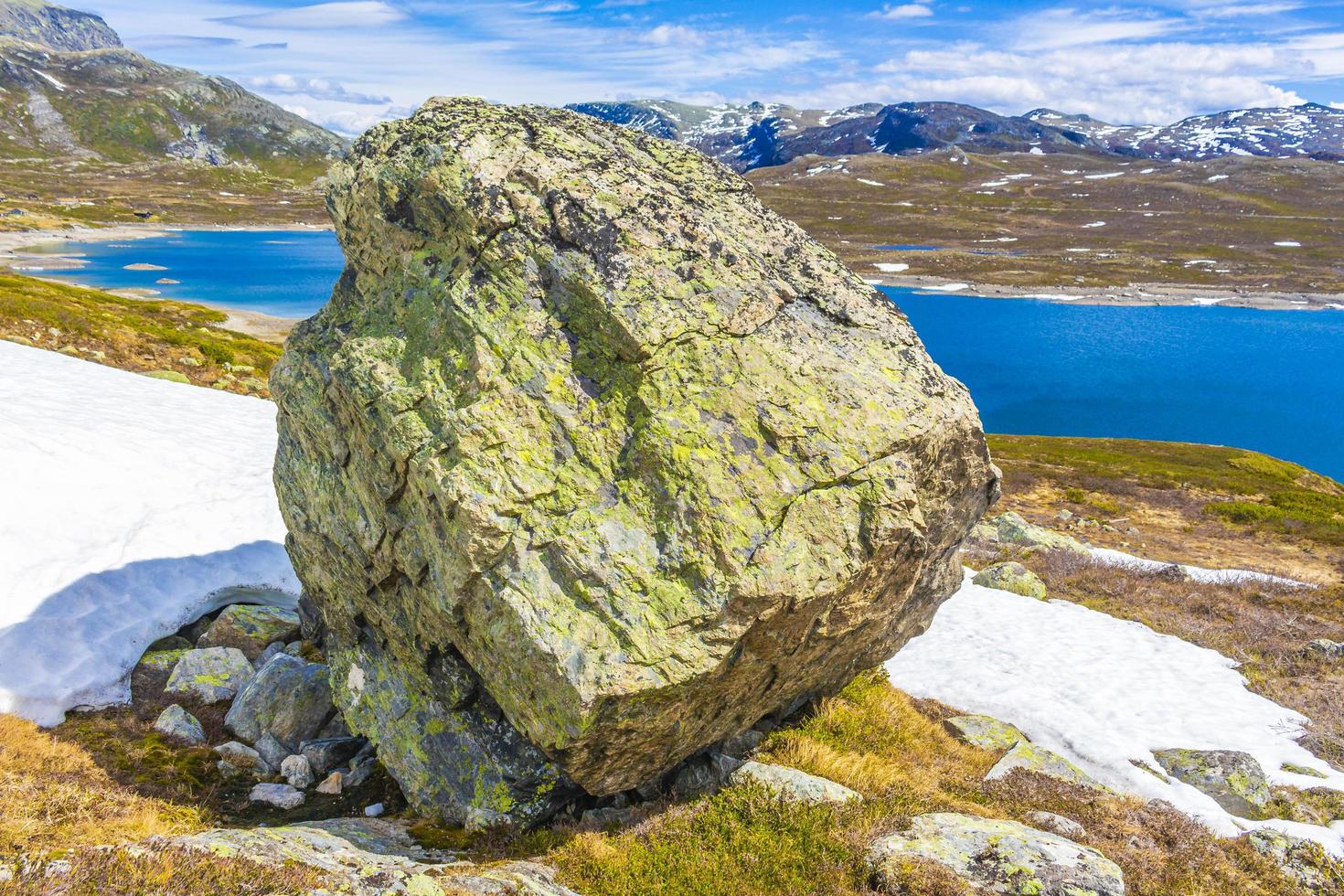 Huge boulder big rock Vavatn lake in Hemsedal Viken Norway. photo