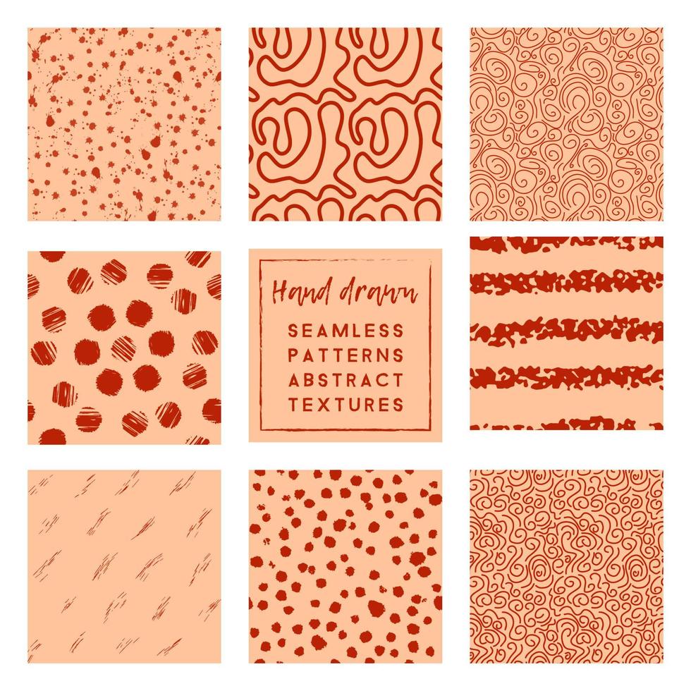 set of orange color seamless patterns with brush stroke elements vector