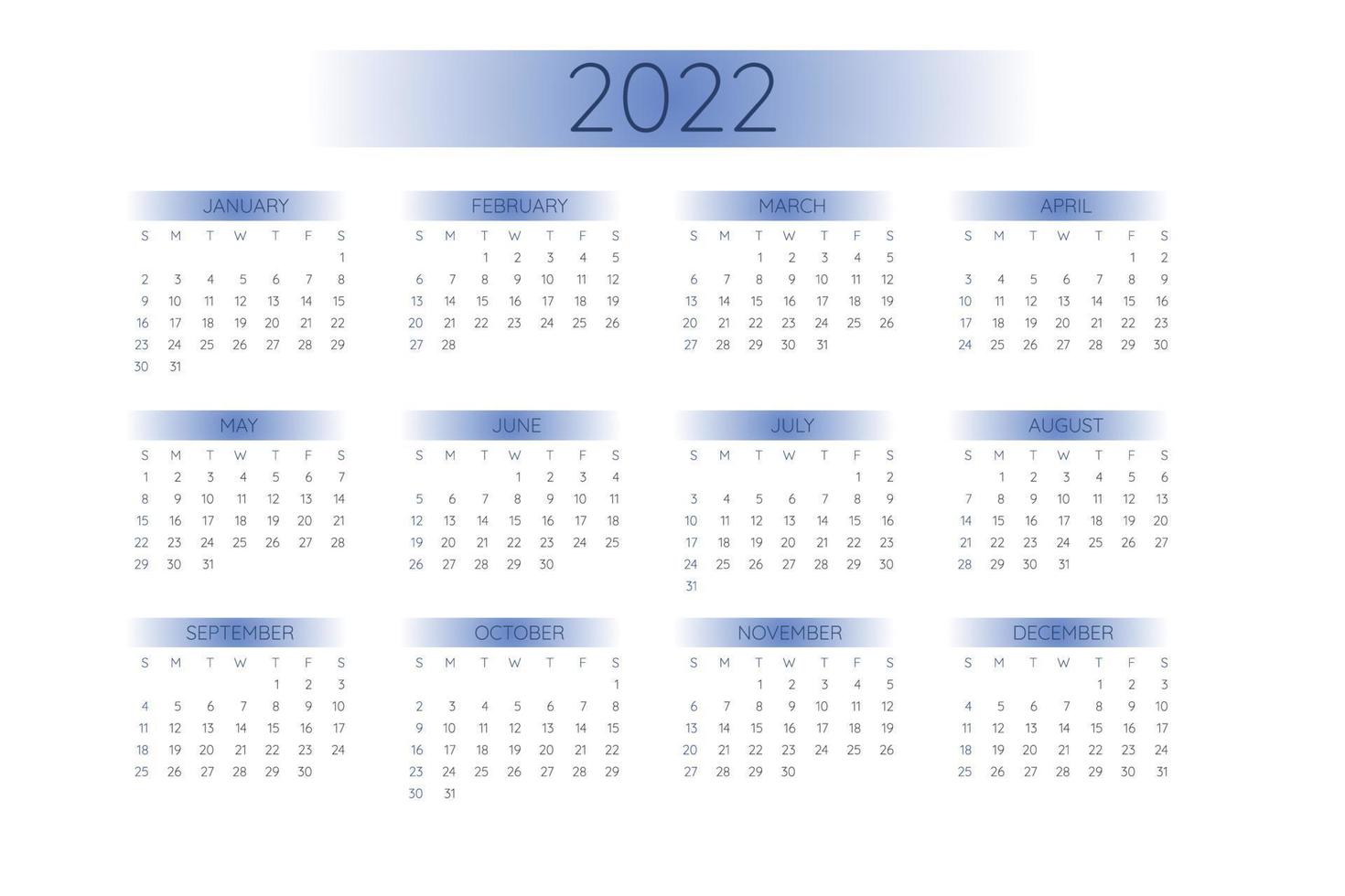 Plantilla de calendario de bolsillo 2022 en estricto estilo minimalista con elementos degradados, formato horizontal. la semana comienza el domingo vector