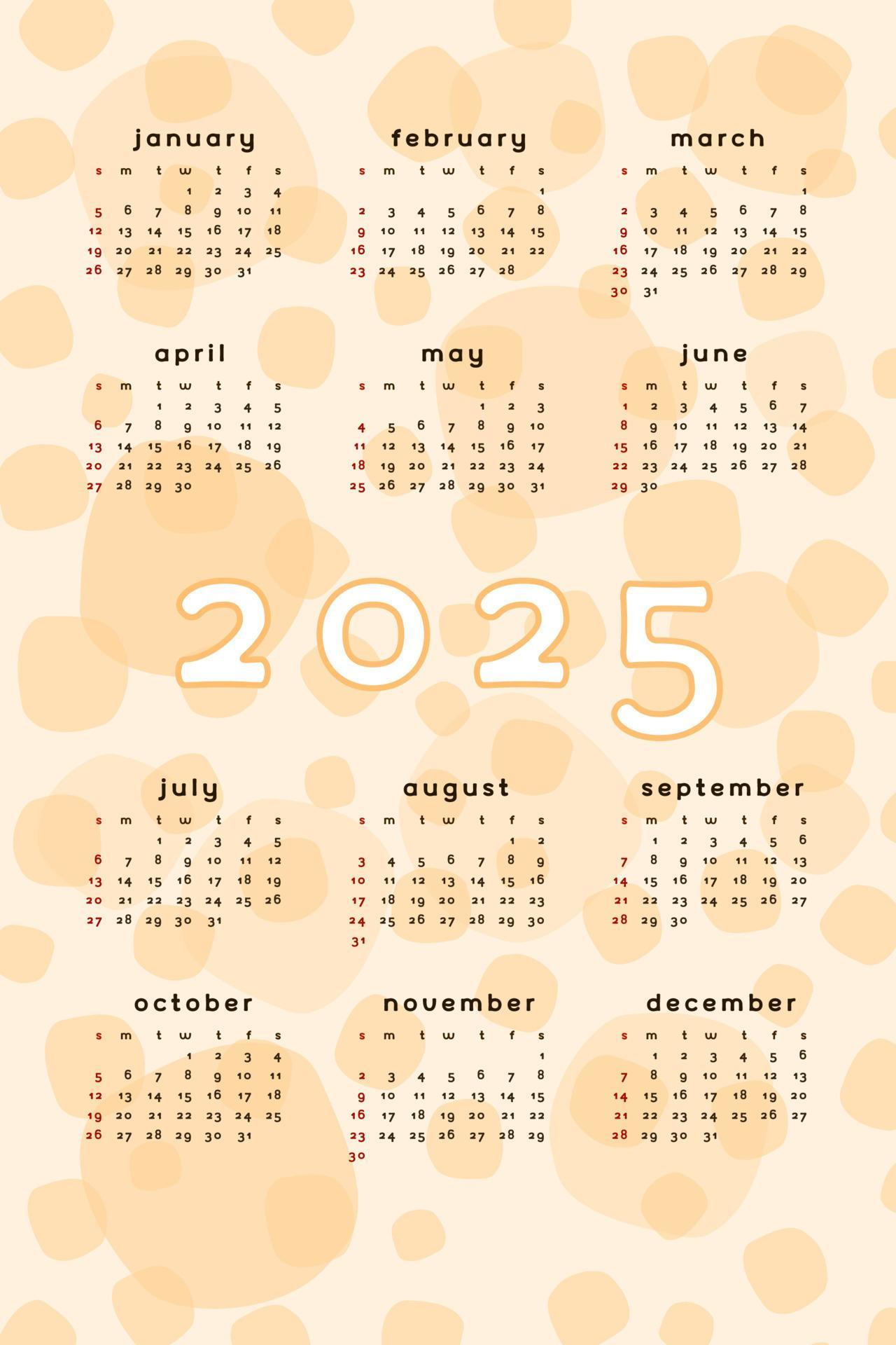 orange 2025 calendar template. Vertical format abstract background with hand drawn spot blob