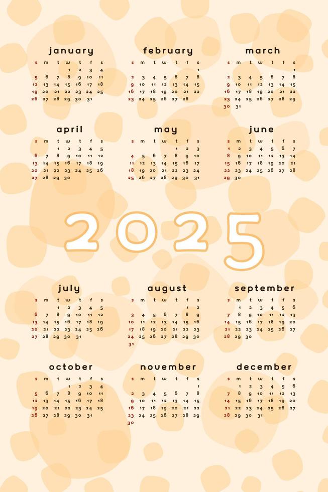 Plantilla de calendario naranja 2025. Fondo abstracto de formato vertical con mancha de mancha puntual dibujada a mano. diseño de calendario para impresión y digital. la semana comienza el domingo vector