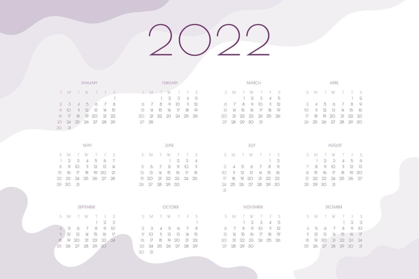 2022 calendar horizontal landscape template with wavy pink and lilac elements. Week starts on sunday vector