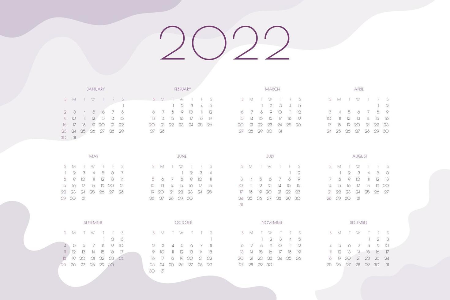 Plantilla de paisaje horizontal del calendario 2022 con elementos ondulados de color rosa y lila. la semana comienza el domingo vector