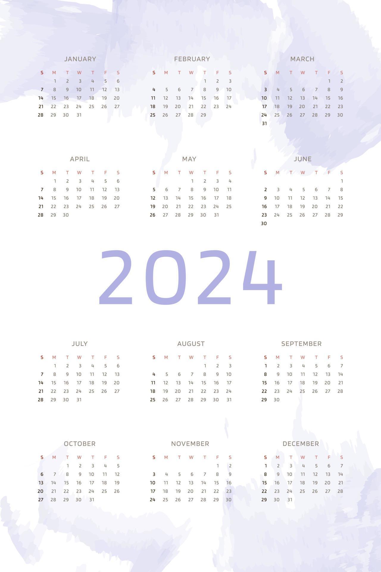 Plantilla de calendario 2024 sobre fondo dibujado a mano púrpura lila