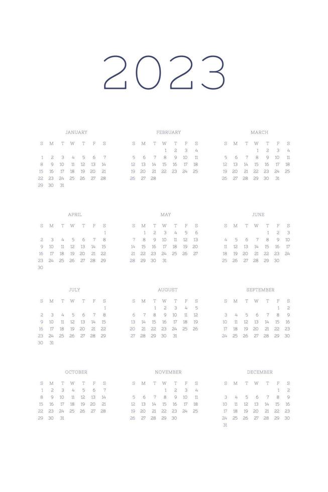 Plantilla de diario de planificador personal de calendario 2023 en estilo estricto clásico. Calendario Mensual Calendario Individual Minimalismo Diseño Restringido Para Cuaderno De Negocios. la semana comienza el domingo vector