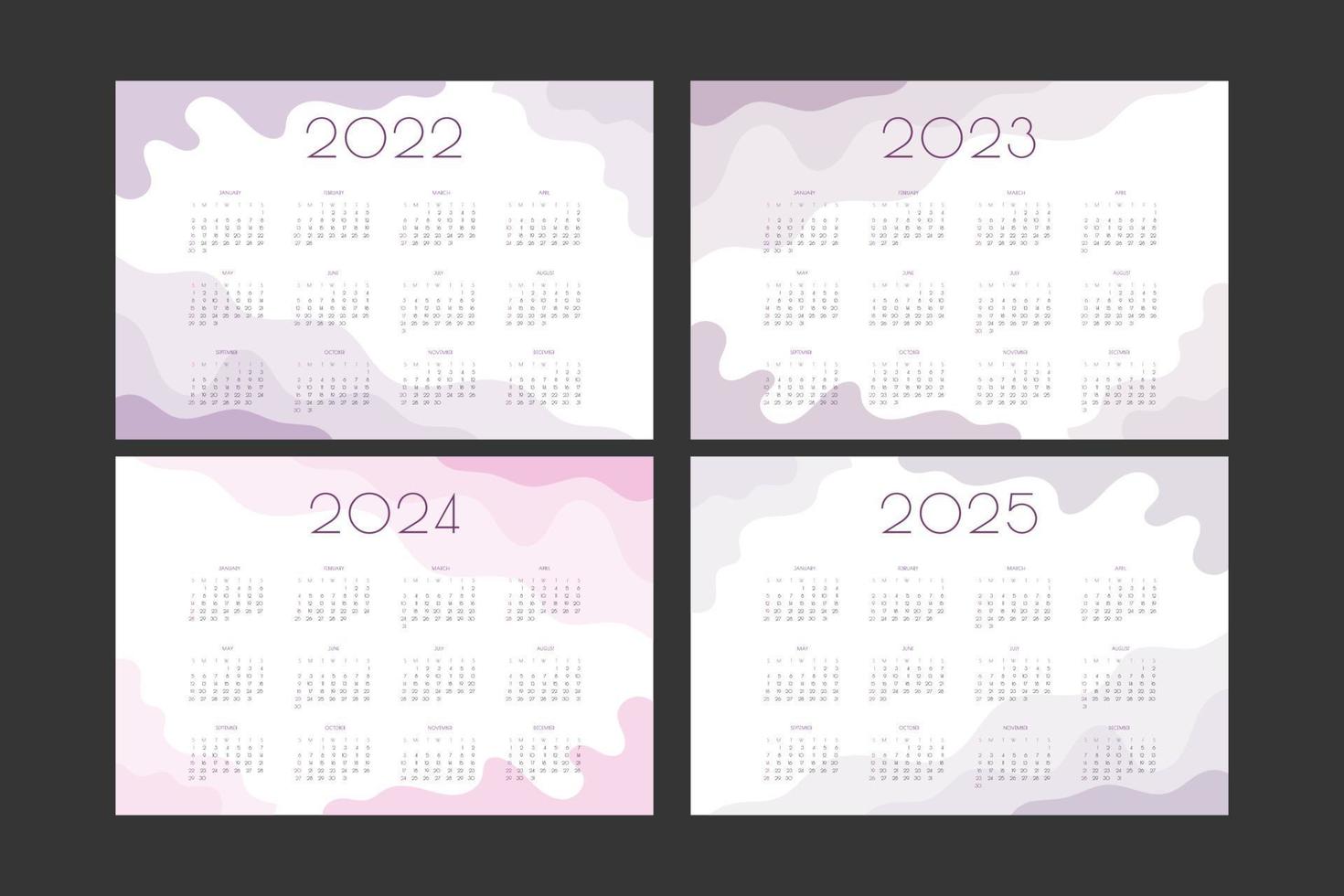 2022 2023 2024 2025 calendar horizontal landscape template set with wavy pink and lilac elements. Week starts on sunday vector