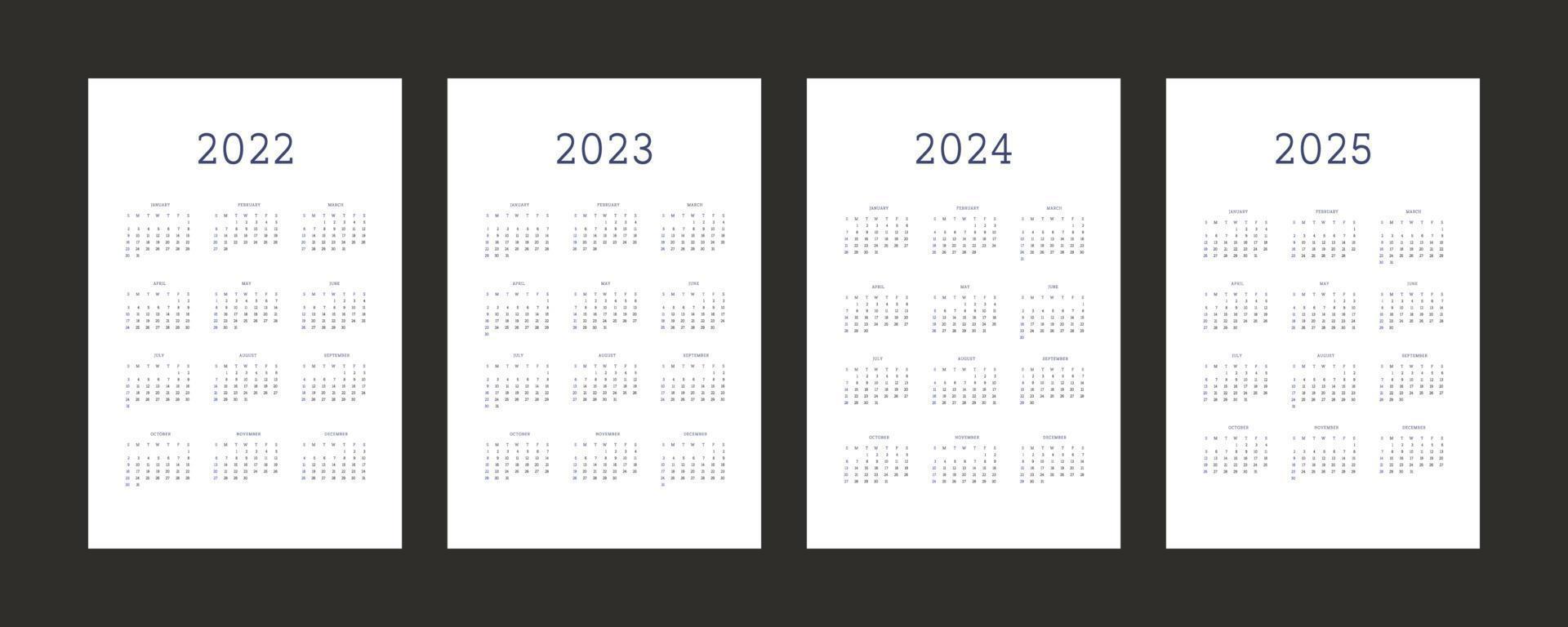 2022 2023 2024 2025 calendar individual schedule template in minimalist trendy style. Week starts on sunday vector