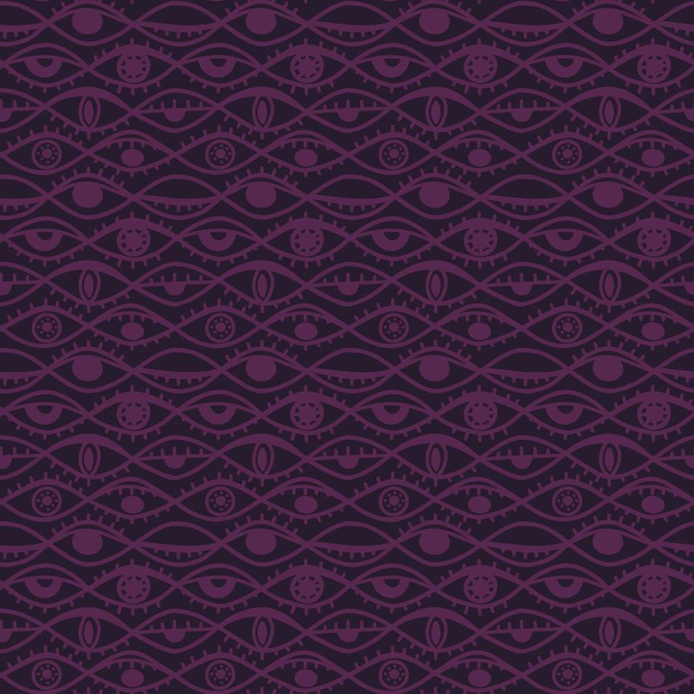 hand-drawn different eyes seamless pattern dark purple color, endless background with eye symbol of magic esoteric divination vector