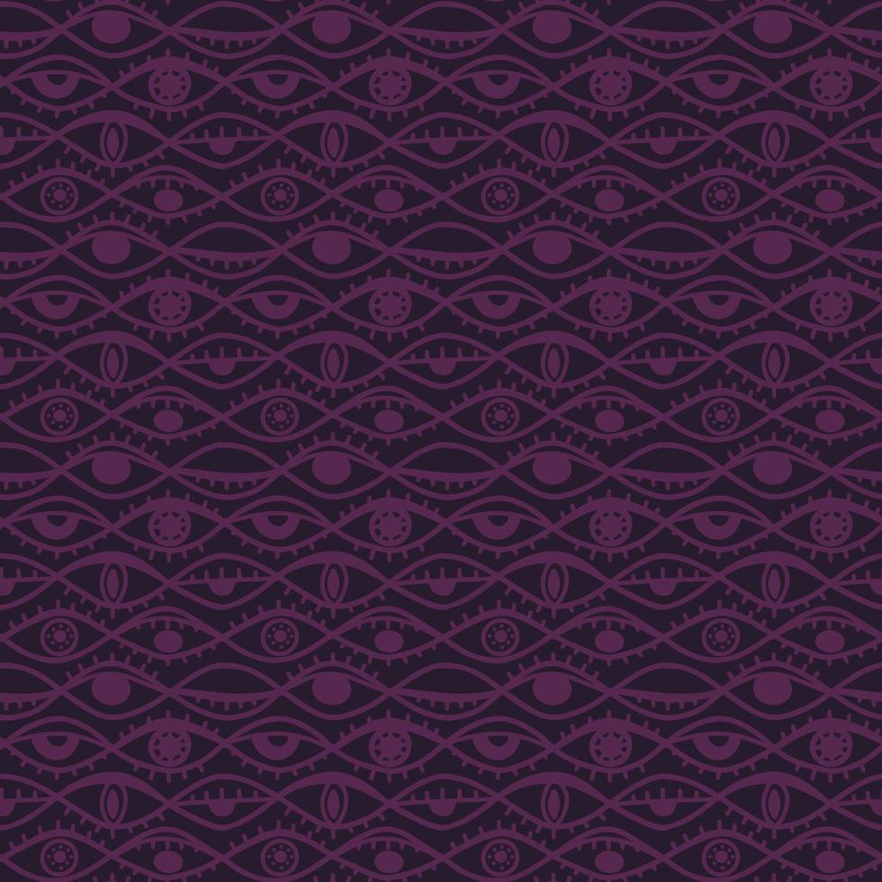 hand-drawn different eyes seamless pattern dark purple color, endless background with eye symbol of magic esoteric divination vector