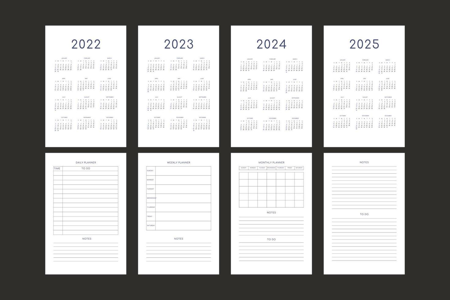 2022 2023 2024 2025 calendar individual schedule template in minimalist  trendy style. Week starts on sunday 4683962 Vector Art at Vecteezy