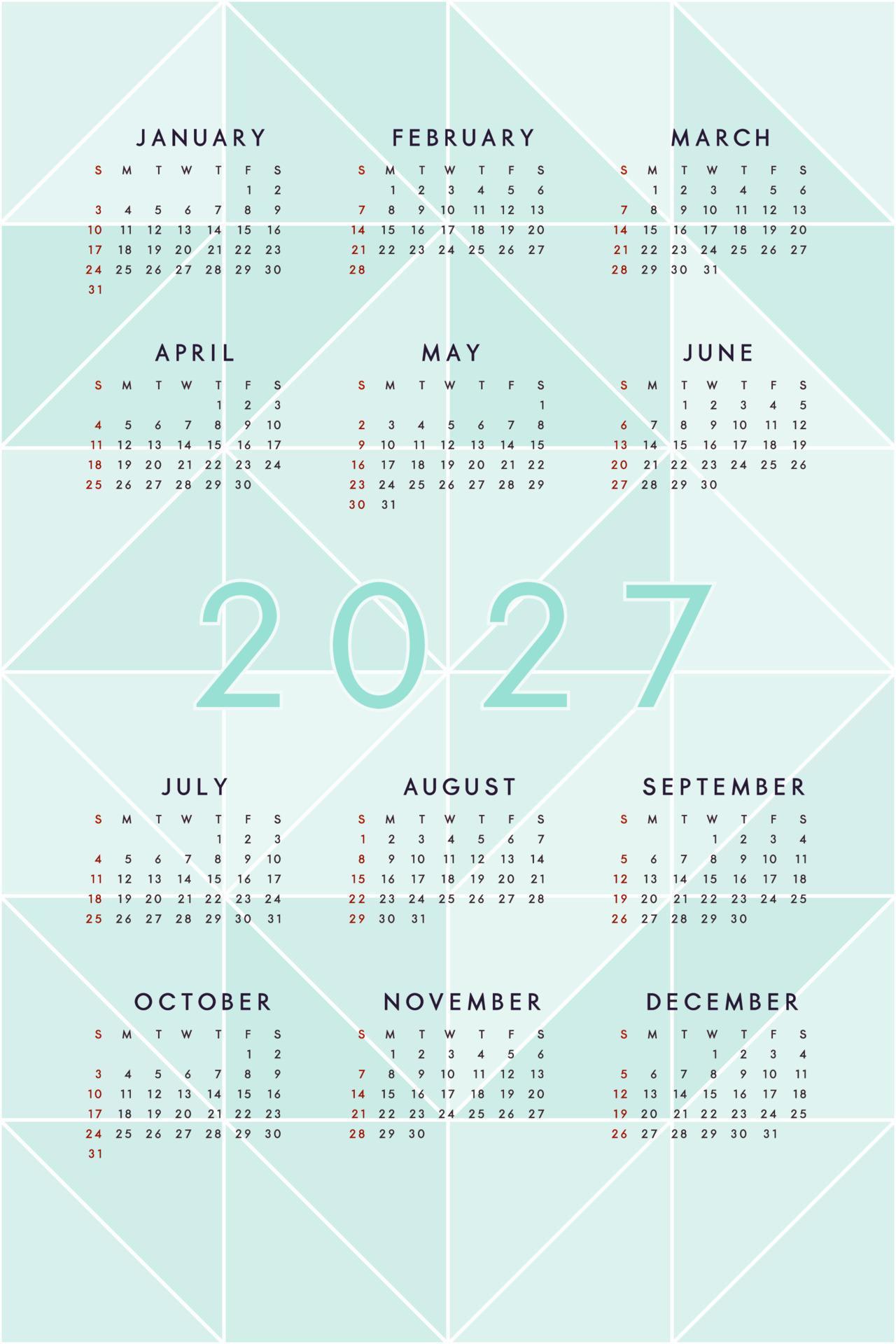Teal blue green 2027 calendar on background with modern mosaic ...