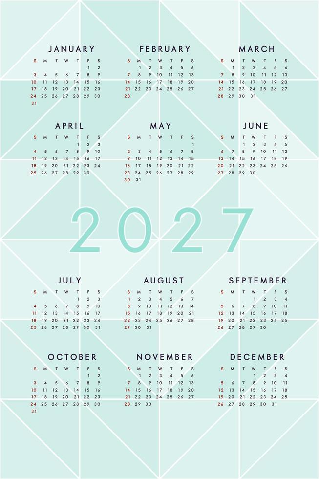 Calendario 2027 verde azulado azul verdoso sobre fondo con triángulos de mosaico moderno. diseño de calendario vertical para impresión y web. la semana comienza el domingo vector