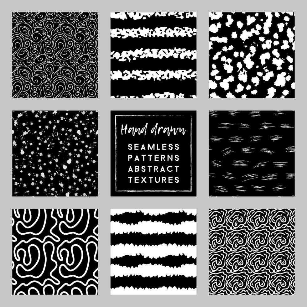 black and white doodle hand-drawn seamless patterns set with blots and strokes vector
