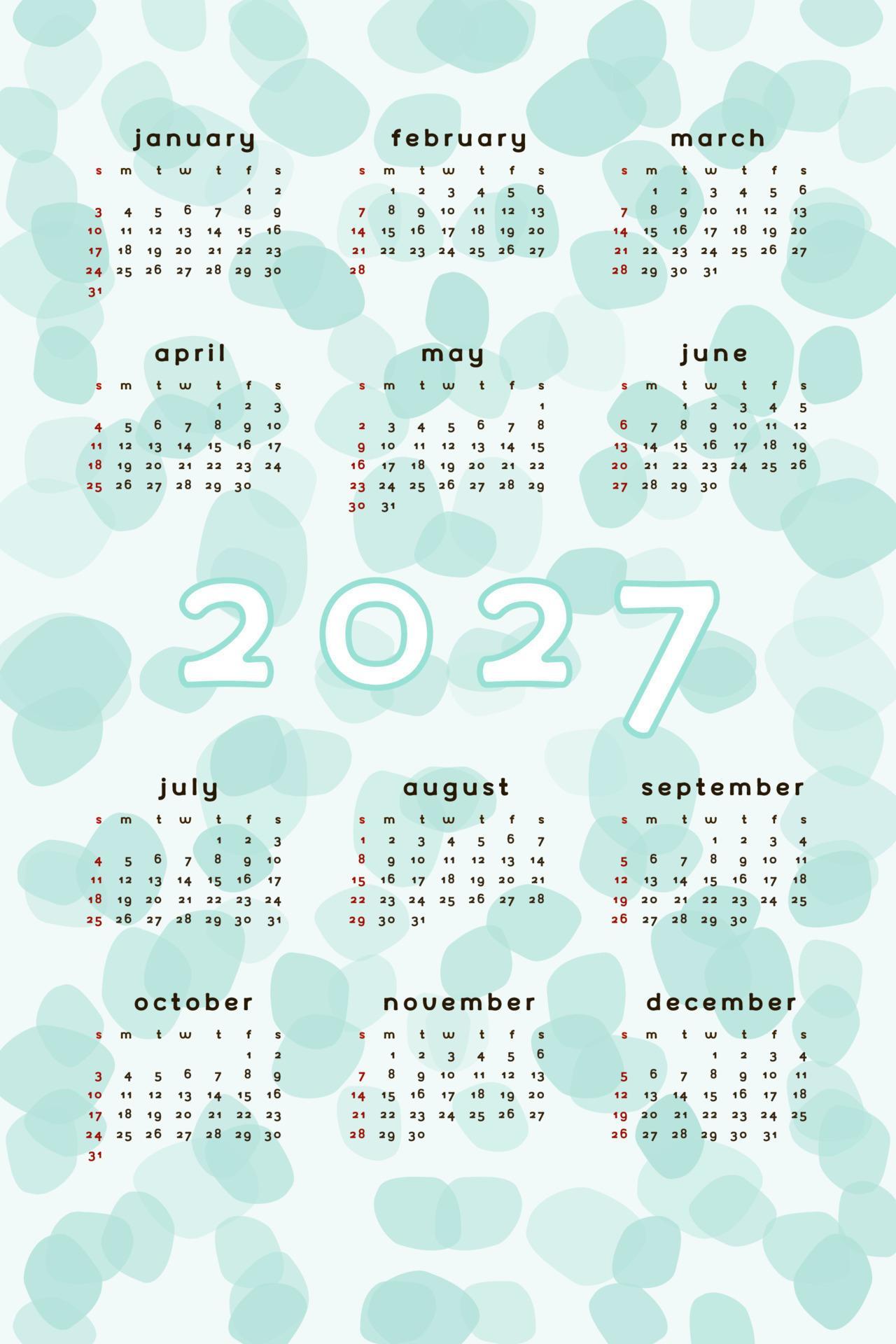 2027 calendar template. Vertical format teal blue green abstract ...