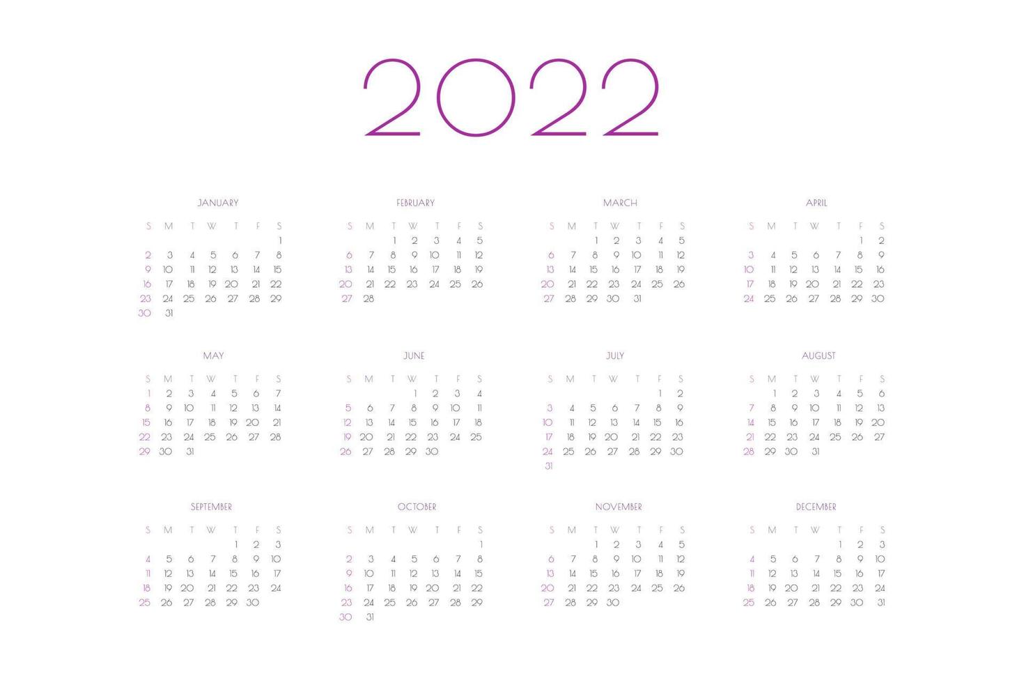 2022 calendar template individual planner in minimalist classic style. Week starts on sunday vector