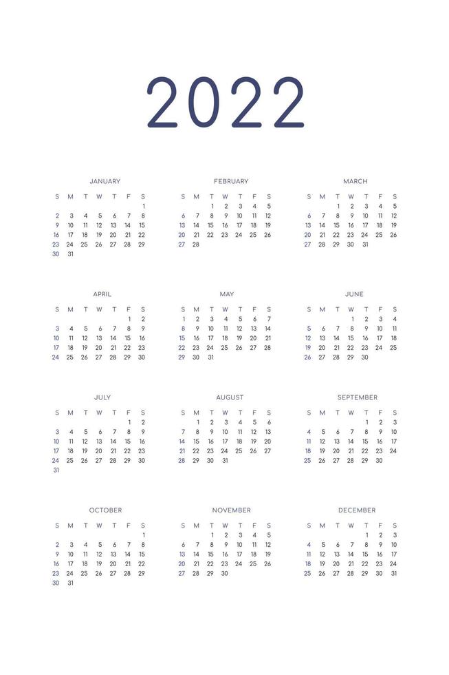 Planificador individual de plantilla de calendario 2022 en estilo clásico minimalista. la semana comienza el domingo vector