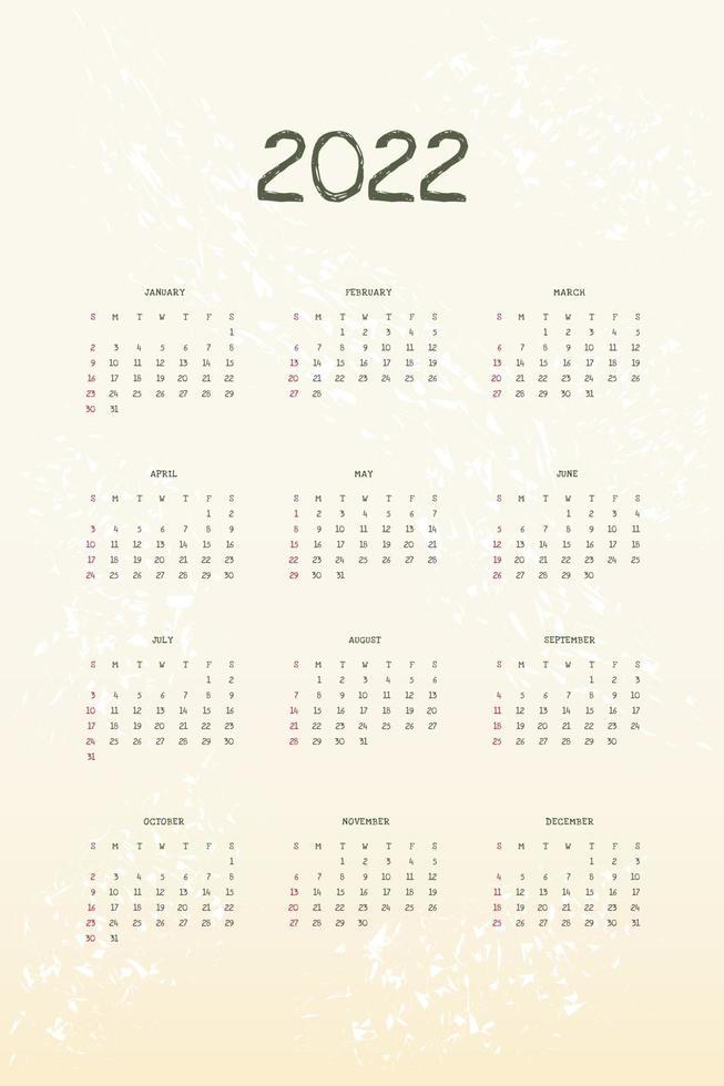 2022 calendar vertical template in cute simple style with textured effects. Week starts on sunday vector