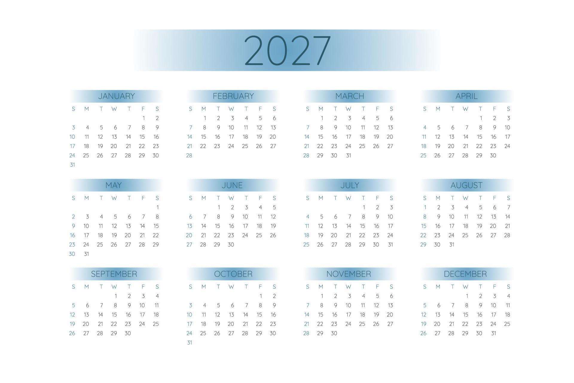 2027 pocket calendar template in strict minimalistic style with blue ...