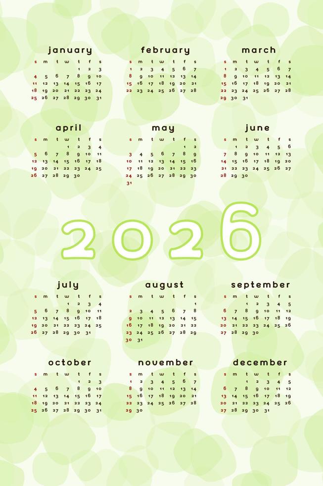 Plantilla de calendario 2026. Fondo abstracto verde lima de formato vertical con mancha mancha mancha dibujada a mano. diseño de calendario para impresión y digital. la semana comienza el domingo vector