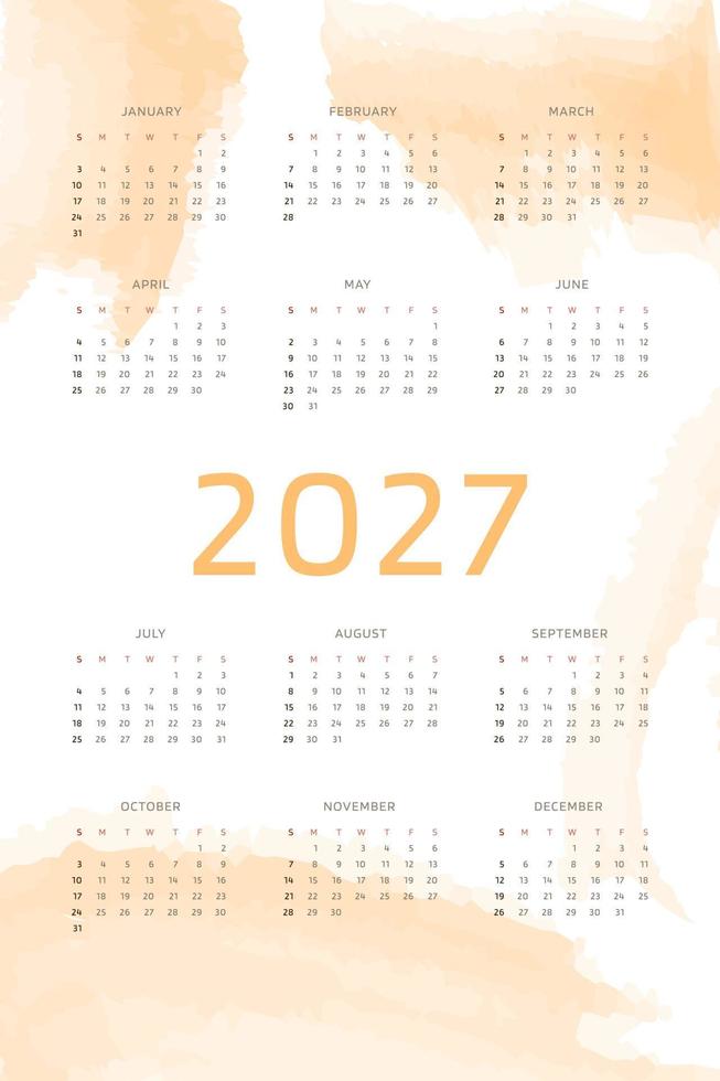 Orange 2027 calendar template on background with pastel handdrawn watercolor brush strokes. Calendar design for print and digital. Week starts on Sunday vector