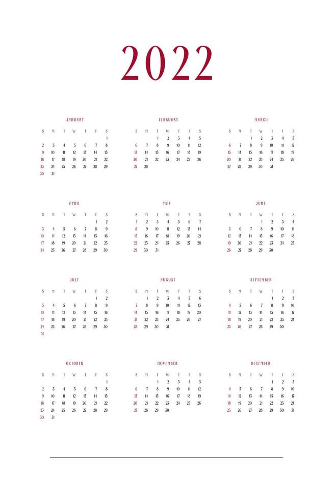 2022 calendar template individual planner in minimalist classic style. Week starts on sunday vector