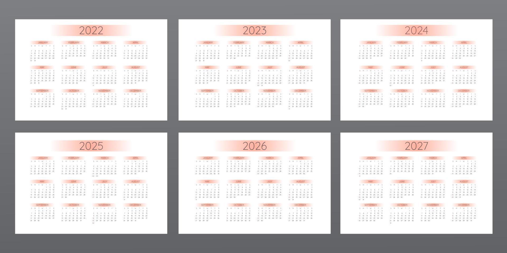 Calendario 2022 2023 2024 2025 2026 2027 en estilo minimalista con elementos degradados de color naranja. la semana comienza el domingo vector