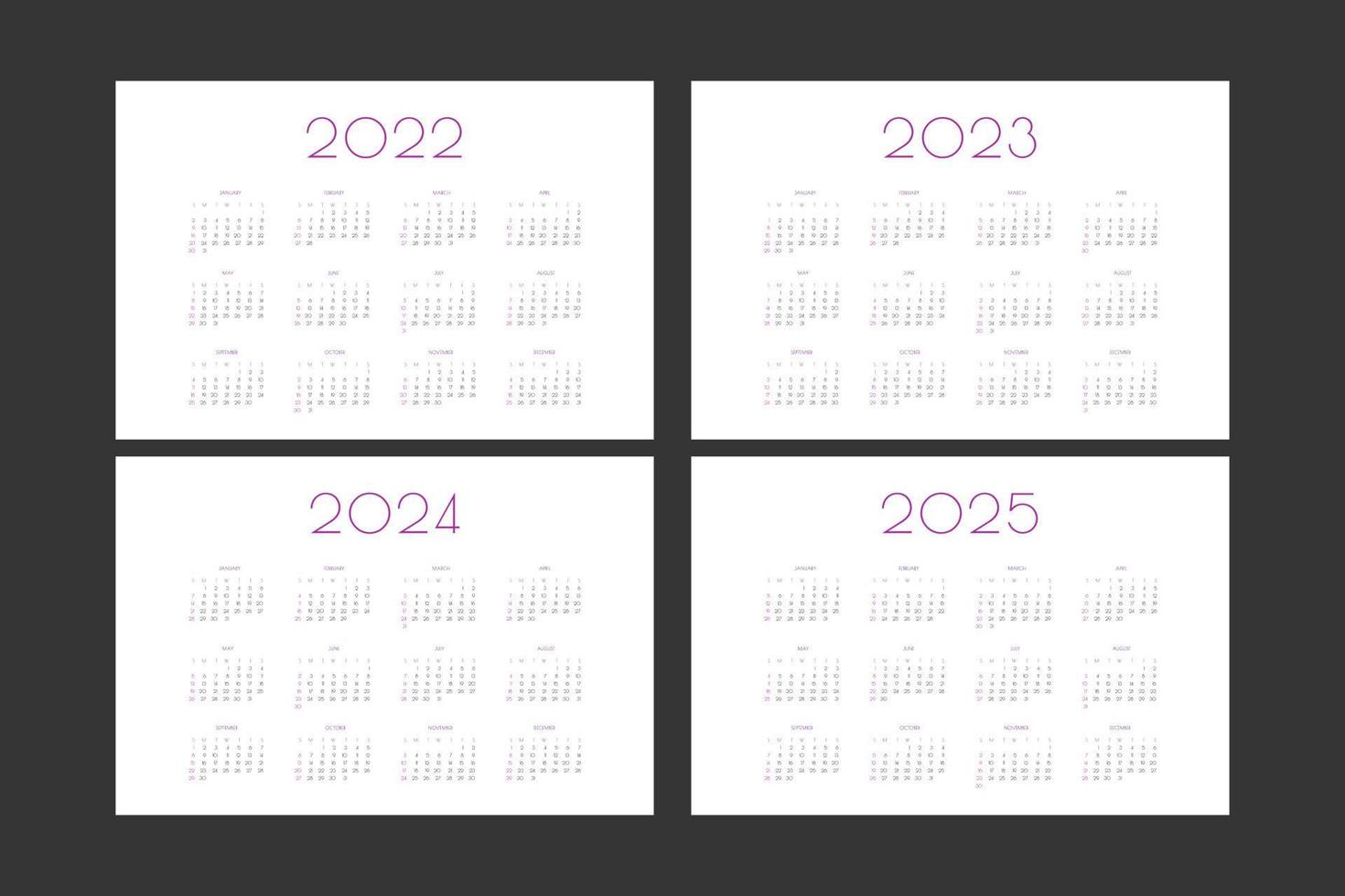 2022 2023 2024 2025 calendar individual schedule template in minimalist trendy style. Week starts on sunday vector