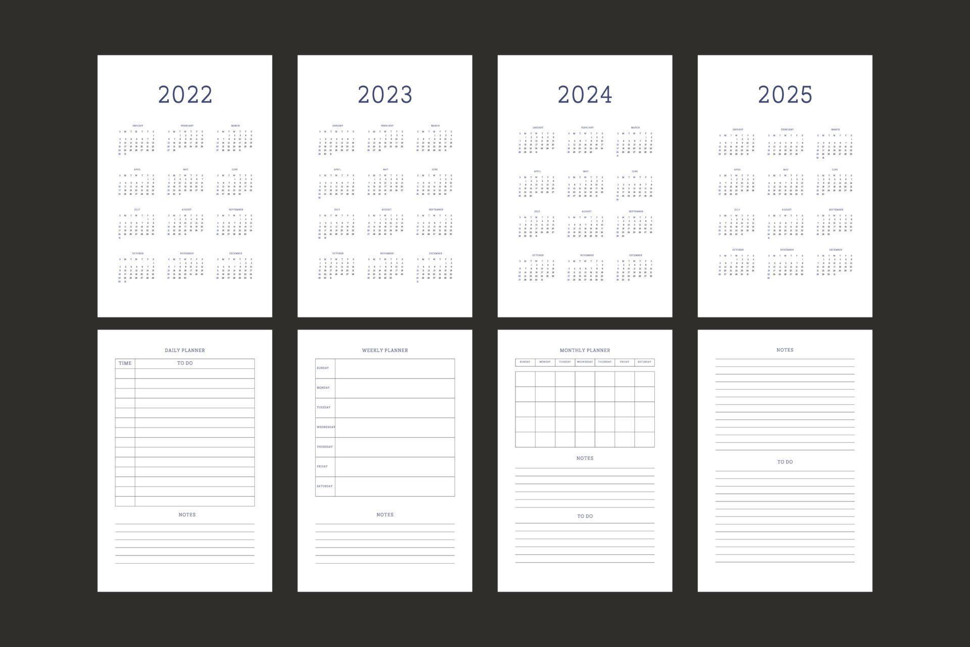 2022 2023 2024 2025 calendar and daily weekly monthly personal planner diary template monthly
