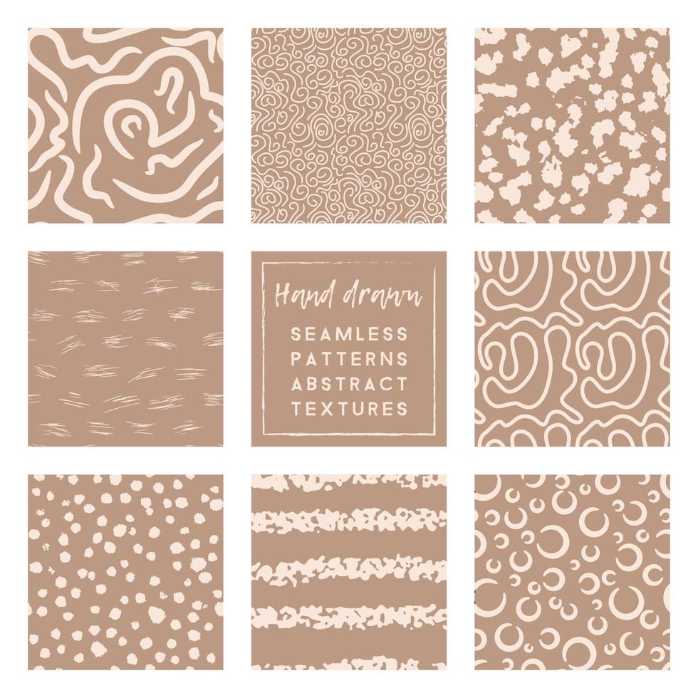 set of taupe and beige seamless patterns with hand drawn simple elements vector