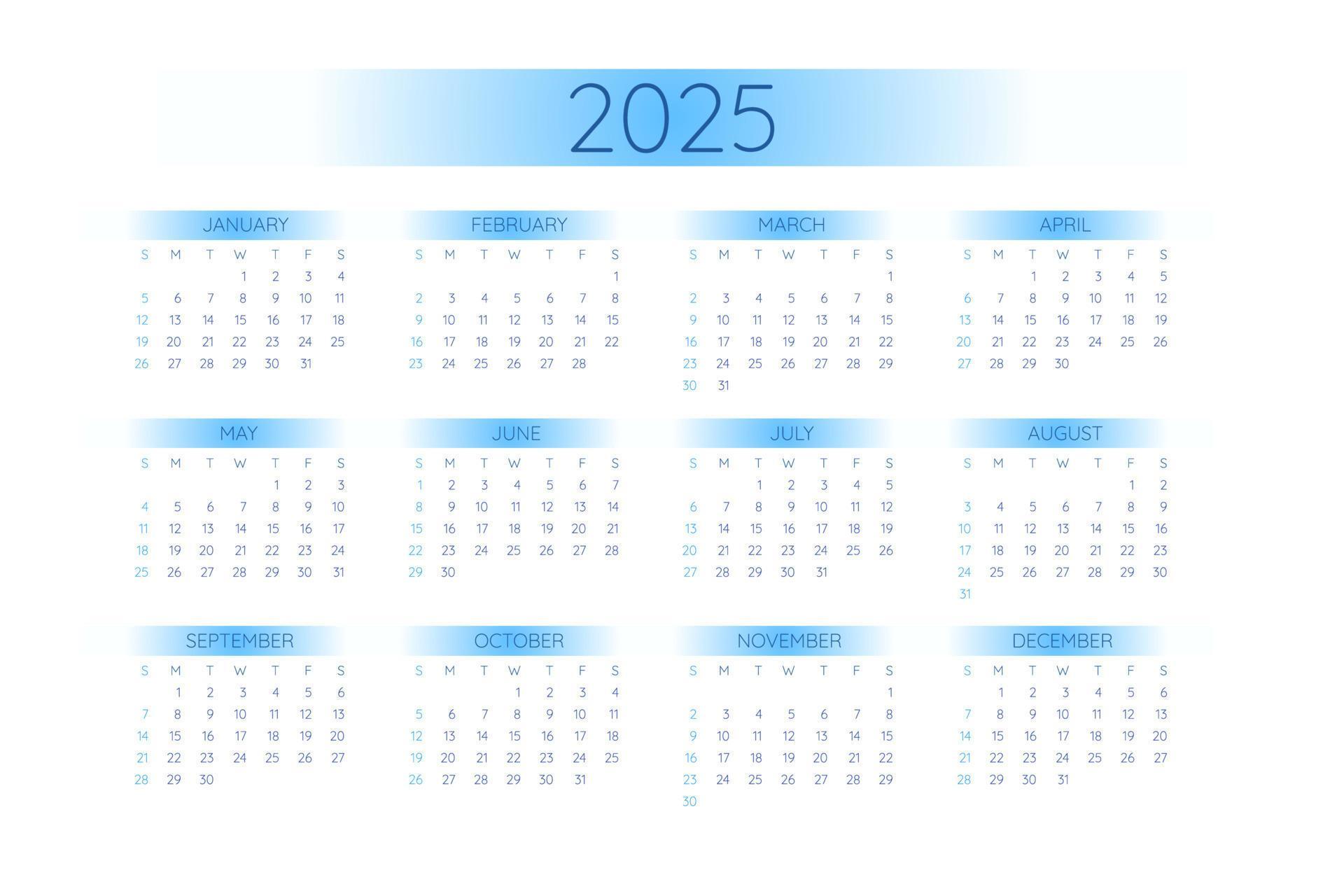 2025 pocket calendar template in strict minimalistic style with blue