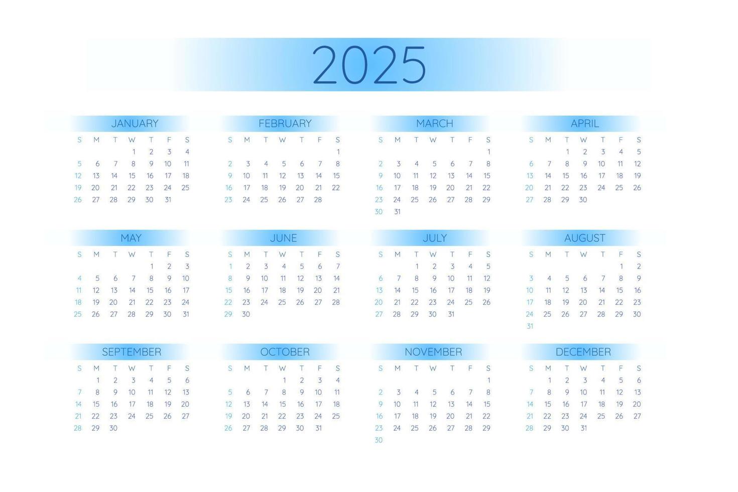 Plantilla de calendario de bolsillo 2025 en estricto estilo minimalista con elementos degradados azules, formato horizontal. la semana comienza el domingo vector