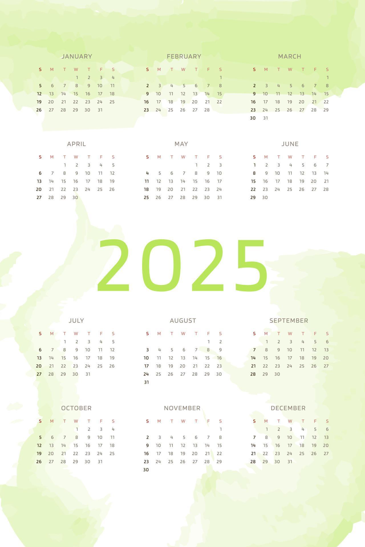 2025 calendar template on Chartreuse green background with handdrawn