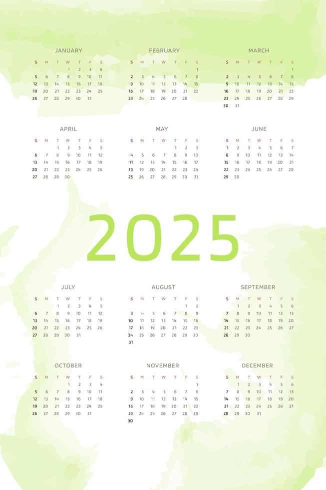 Plantilla de calendario 2025 sobre fondo verde chartreuse con pinceladas de acuarela dibujadas a mano. Diseño de calendario vertical para impresión y digital. la semana comienza el domingo vector