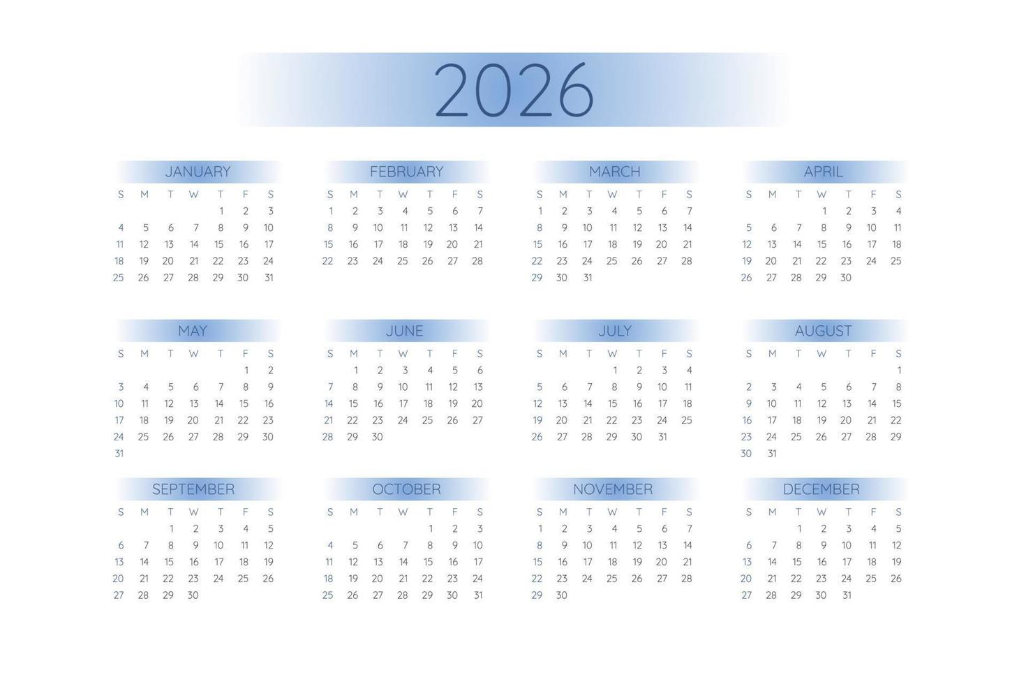 Plantilla de calendario de bolsillo 2026 en estricto estilo minimalista con elementos de degradado azul, formato horizontal. la semana comienza el domingo vector