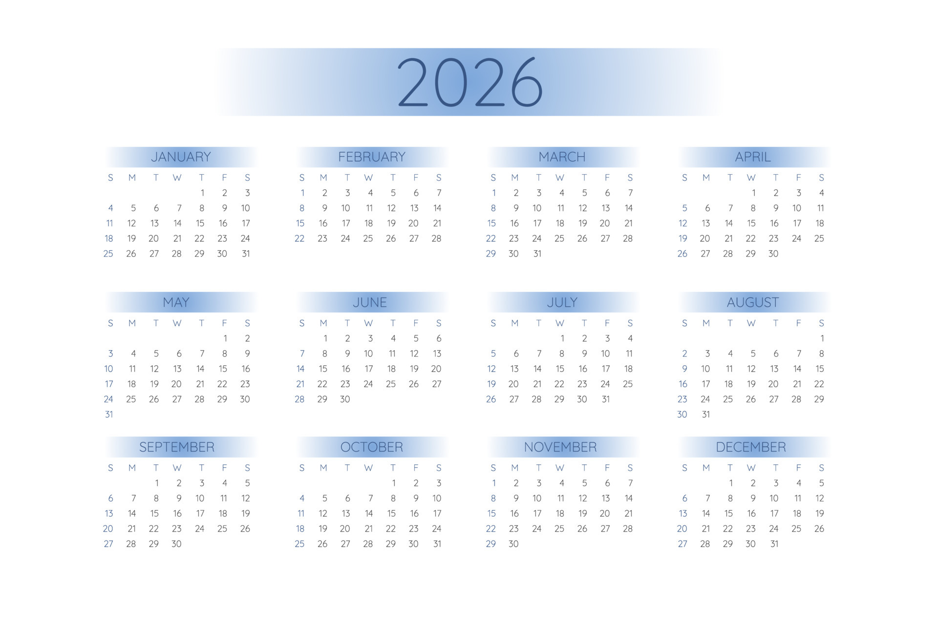 Plantilla de calendario de bolsillo 2026 en estricto estilo minimalista
