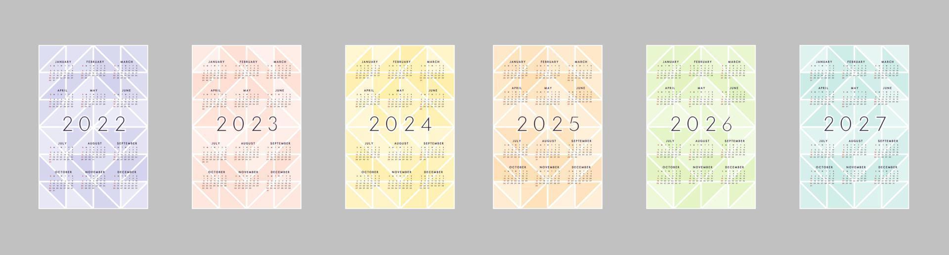 2022 2023 2024 2025 2026 2027 calendar collection with multicolor translucent triangles abstract background. Calendar design for print and digital. Week starts on Sunday vector