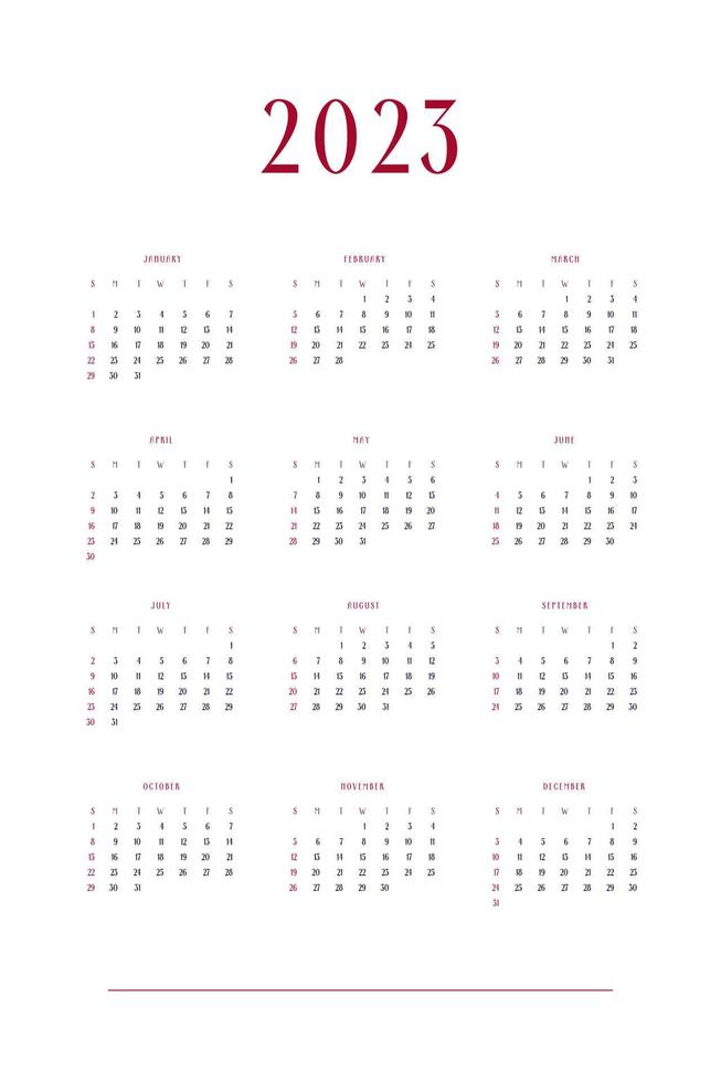 Plantilla de diario de planificador personal de calendario 2023 en estilo estricto clásico. Calendario Mensual Calendario Individual Minimalismo Diseño Restringido Para Cuaderno De Negocios. la semana comienza el domingo vector