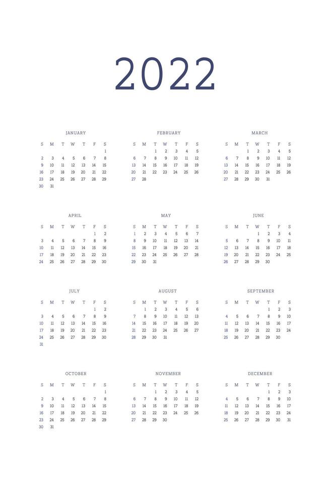 2022 calendar template individual planner in minimalist classic style. Week starts on sunday vector