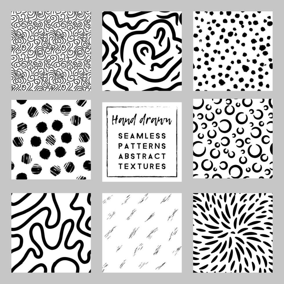 monochrome white and black minimalistic trendy hand drawn seamless patterns set vector