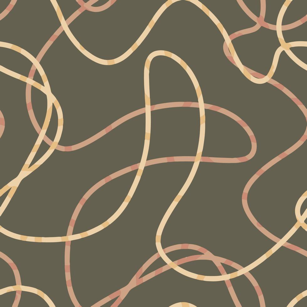 olive and beige curly intertwining endless thin lines abstract seamless pattern vector