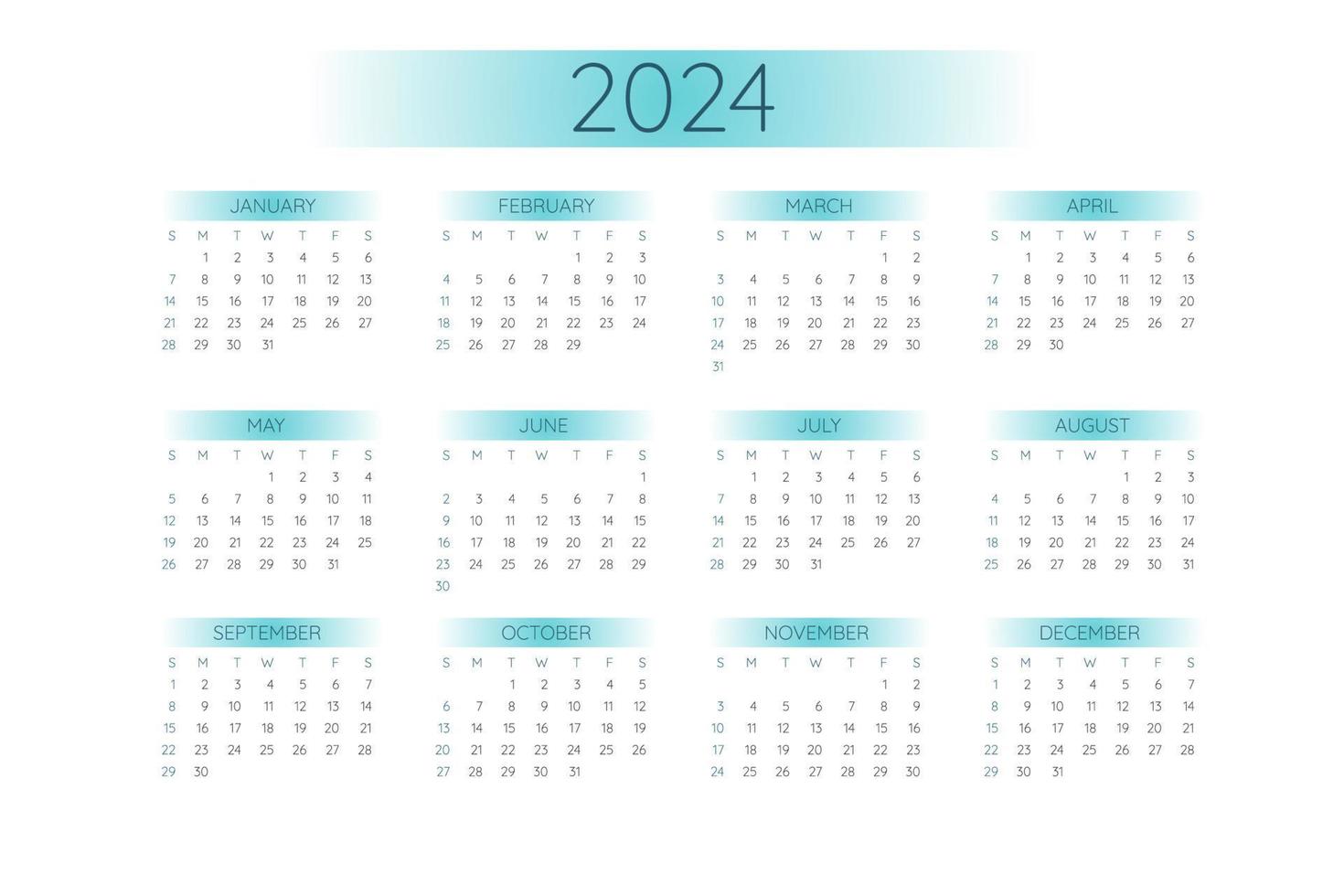 2024 Pocket Calendar Template In Strict Minimalistic Style With Mint Color Gradient Elements Horizontal Format Week Starts On Sunday Vector 